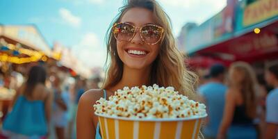 Smiling woman enjoys colorful popcorn at a lively summer fair filled with people and bright stalls photo