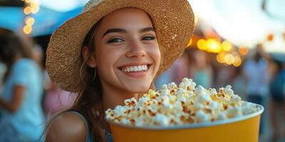 Smiling girl enjoying popcorn at a vibrant outdoor festival during a summer evening photo