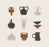 Vases ceramic set with lettering different form drawn in art style on light color background vector