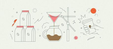 Coffee maker, pack, take away cup symbols drawing in modern linear art style on light background vector