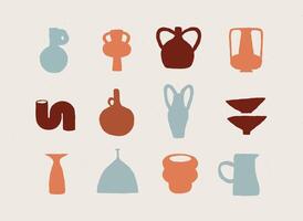 Vases ceramic set different form drawn in art style on white color background vector