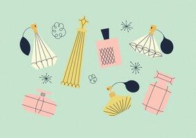 Perfume bottle collection drawing with color in retro style on green background vector