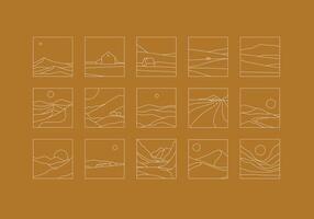 Mountain silhouettes icon set drawing in linear art style on mustard background vector