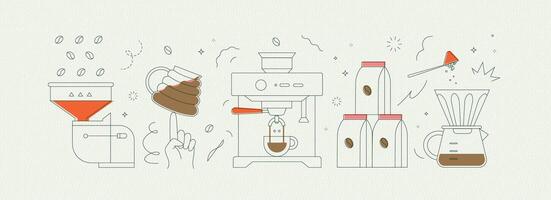 Coffee mill, cup, machine, pack, maker symbols drawing in modern linear art style on light background vector