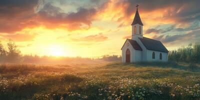 Sunset over a peaceful church amidst wildflowers in a pastoral landscape with dramatic clouds photo