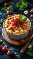 Creamy dessert with fresh strawberries and mint on a wooden board in a bright kitchen setting photo