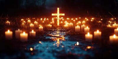 Candles illuminating a cross in a solemn night vigil at a quiet outdoor location photo