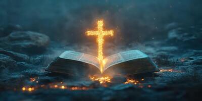 Spiritual illumination emerges from an open book as a glowing cross appears at dusk in a natural setting photo