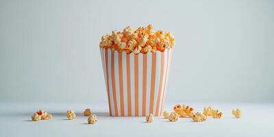 Freshly popped popcorn in a striped bucket with scattered pieces on a light surface photo
