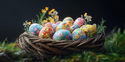 Colorful decorated eggs in a woven basket surrounded by flowers on a spring day photo