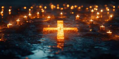 Mysterious glowing cross surrounded by flickering candles on wet ground at night photo