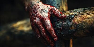 Hand stained with red substance gripping a weathered wooden structure outdoors in a dramatic, moody setting photo