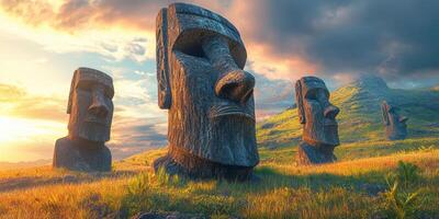 Majestic moai statues stand watch over scenic landscape during sunset on Easter Island photo
