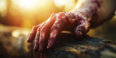 Close-up of a bloodied hand resting on a wooden log during sunset after a dramatic or intense moment photo