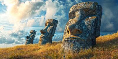 Mysterious moai statues stand proudly on Easter Island under a dramatic sky at sunset photo