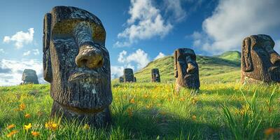 Moai statues stand majestically on Easter Island under a vibrant sky with blooming flowers in the foreground photo