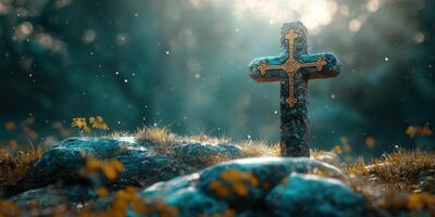 Stone cross amid a tranquil forest with sunlight filtering through trees in a serene setting photo