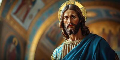 Religious statue of a historical figure displayed in a church interior with intricate designs and vibrant colors photo