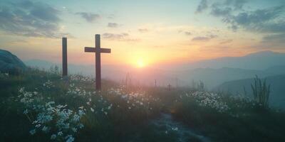 Sunset over serene graveyard with crosses and blooming flowers in a tranquil mountain landscape photo