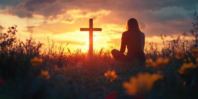 Silhouette of a person meditating by a cross at sunset in a tranquil field with blooming flowers photo