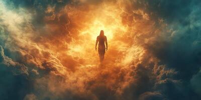 Figures emerge amidst swirling clouds and vivid colors, creating an ethereal atmosphere of wonder and mystery photo