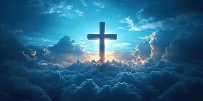 Beautiful depiction of a glowing cross rising above clouds at sunset showcasing spiritual symbolism and tranquility photo