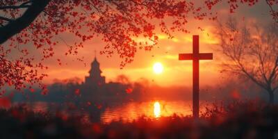 Sunset view over a peaceful lake with autumn leaves and a silhouette of a cross on the shore photo