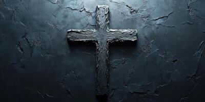 Dark textured background with a prominent black cross symbolizing faith and spirituality photo