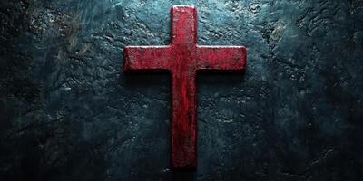 Red cross on dark textured surface creates a striking visual contrast and evokes a sense of spirituality and reflection photo