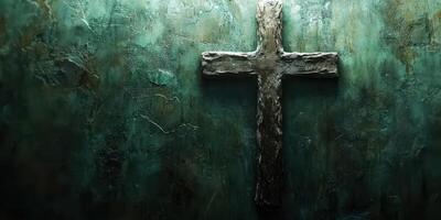 Cross displayed on an aged, textured wall highlighting spiritual symbolism and history during a serene moment of reflection photo