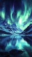 Mystical northern lights illuminate snowy mountains and serene lake at night photo