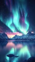 Colors of the aurora borealis dance over a serene mountain lake at dusk in a breathtaking natural display photo