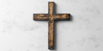 Rustic wooden cross displayed on a textured wall, symbolizing spirituality and faith in a serene environment photo