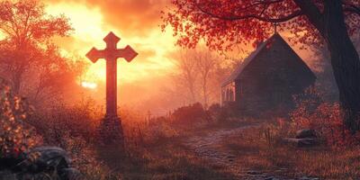 Celtic cross at sunset near a rustic church in a tranquil countryside setting with vibrant autumn colors photo