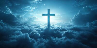 Cross illuminated by ethereal light amidst cloudy skies in a spiritual atmosphere photo