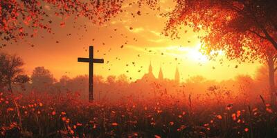 Sunset over a serene field with autumn leaves and a cross near a distant church, creating a peaceful atmosphere photo