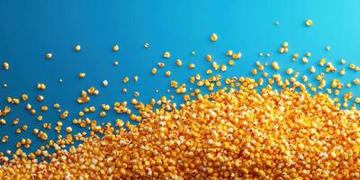 Golden popcorn kernels spilling across a bright blue background creating a vibrant, colorful display photo
