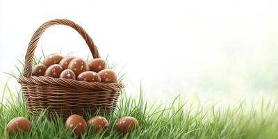 Brown eggs in a wicker basket resting on green grass under bright sunlight during spring season photo