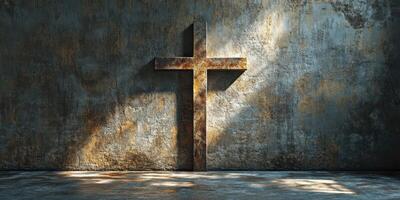 Rustic cross casts shadow on aged wall in dimly lit sanctuary space photo