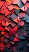 Geometric abstract wall with interlocking triangular shapes in bold red and deep blue tones photo