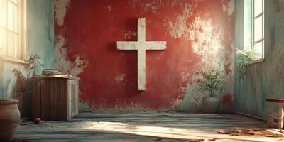Charming abandoned room with a large white cross on a red wall and natural light streaming through the windows photo