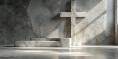 Minimalist chapel interior featuring a stone cross and altar illuminated by natural light during the day photo
