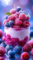 Delicious berry dessert layered with yogurt and topped with fresh raspberries and blueberries in a vibrant setting photo