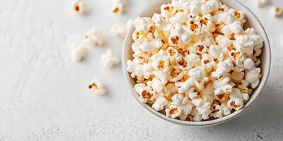 Freshly popped popcorn in a bowl ready for movie night or snack time with friends and family photo