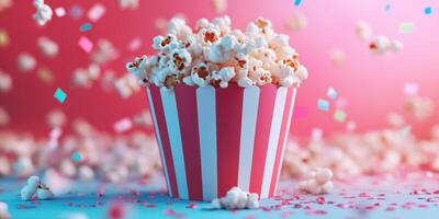 Colorful popcorn bucket surrounded by confetti against a vibrant background for a festive atmosphere photo