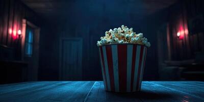 Popcorn bucket in a dimly lit room creating a spooky atmosphere for late night movie watching photo