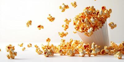Popcorn spills from a container, creating a playful and messy kitchen environment filled with delicious snacks photo
