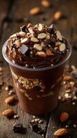 Delicious chocolate dessert topped with crunchy almonds on a rustic wooden table photo