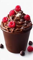 Rich chocolate dessert topped with fresh raspberries and chocolate chips in a dark cup photo