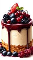 Decadent cheesecake topped with vibrant berries and glossy chocolate sauce at a dessert presentation photo